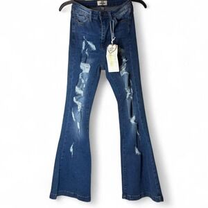 Skinny Fries Denim‎ Bell Bottom Flare Jeans Distressed Ripped Blue Womens 5 NWT